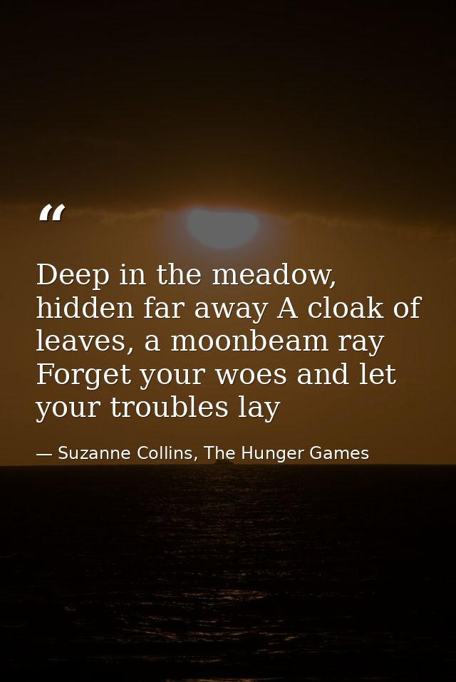 Deep in the meadow, hidden far away A cloak of leaves, a moonbeam ray Forget your woes and let your troubles lay — Suzanne Collins, The Hunger Games