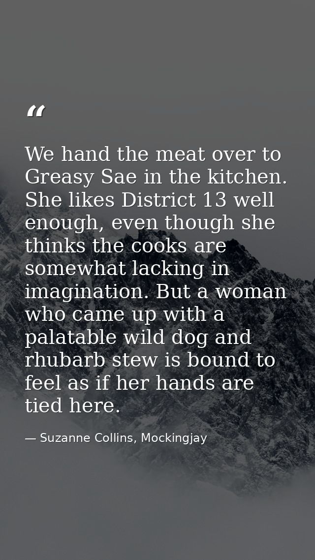 We hand the meat over to Greasy Sae in the kitchen. She likes District 13 well enough, even though she thinks the cooks  — Suzanne Collins, Mockingjay