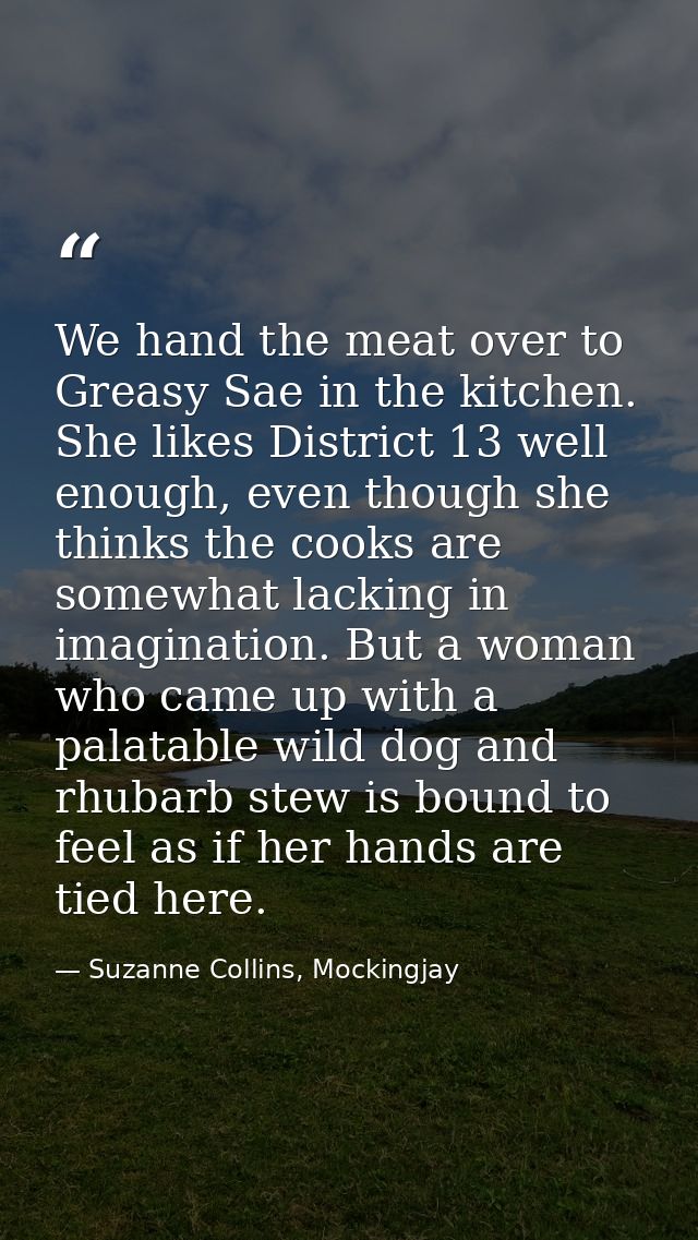 We hand the meat over to Greasy Sae in the kitchen. She likes District 13 well enough, even though she thinks the cooks  — Suzanne Collins, Mockingjay