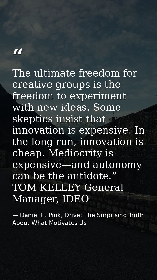The ultimate freedom for creative groups is the freedom to experiment with new ideas. Some skeptics insist that innovati — Daniel H. Pink, Drive: The Surprising Truth About What Motivates Us