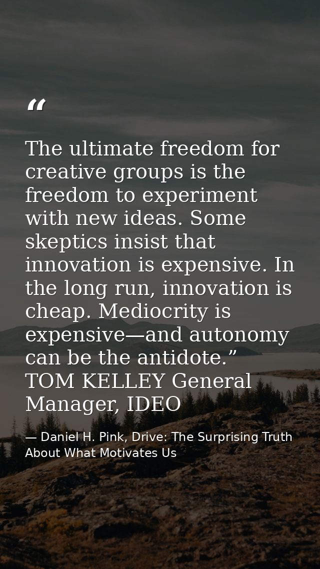 The ultimate freedom for creative groups is the freedom to experiment with new ideas. Some skeptics insist that innovati — Daniel H. Pink, Drive: The Surprising Truth About What Motivates Us
