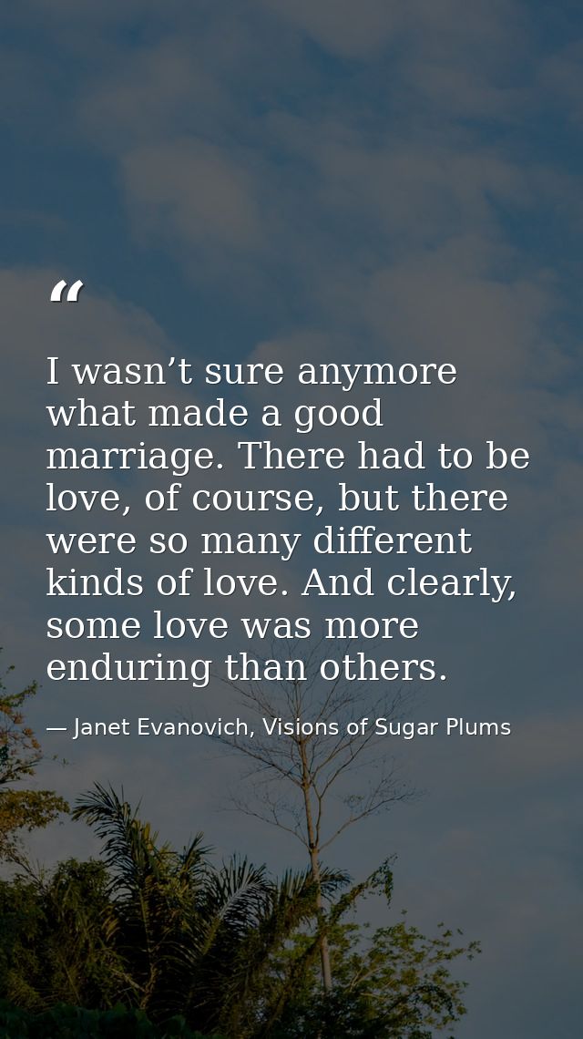 I wasn’t sure anymore what made a good marriage. There had to be love, of course, but there were so many different kinds — Janet Evanovich, Visions of Sugar Plums