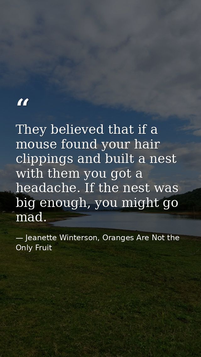 They believed that if a mouse found your hair clippings and built a nest with them you got a headache. If the nest was b — Jeanette Winterson, Oranges Are Not the Only Fruit