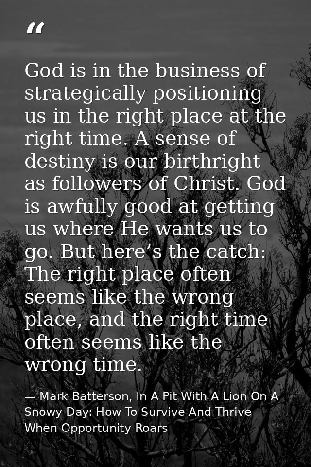 God is in the business of strategically positioning us in the right place at the right time. A sense of destiny is our b — Mark Batterson, In A Pit With A Lion On A Snowy Day: How To Survive And Thrive When Opportunity Roars
