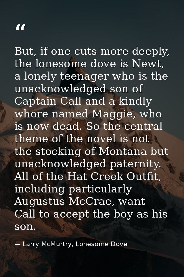 But, if one cuts more deeply, the lonesome dove is Newt, a lonely teenager who is the unacknowledged son of Captain Call — Larry McMurtry, Lonesome Dove