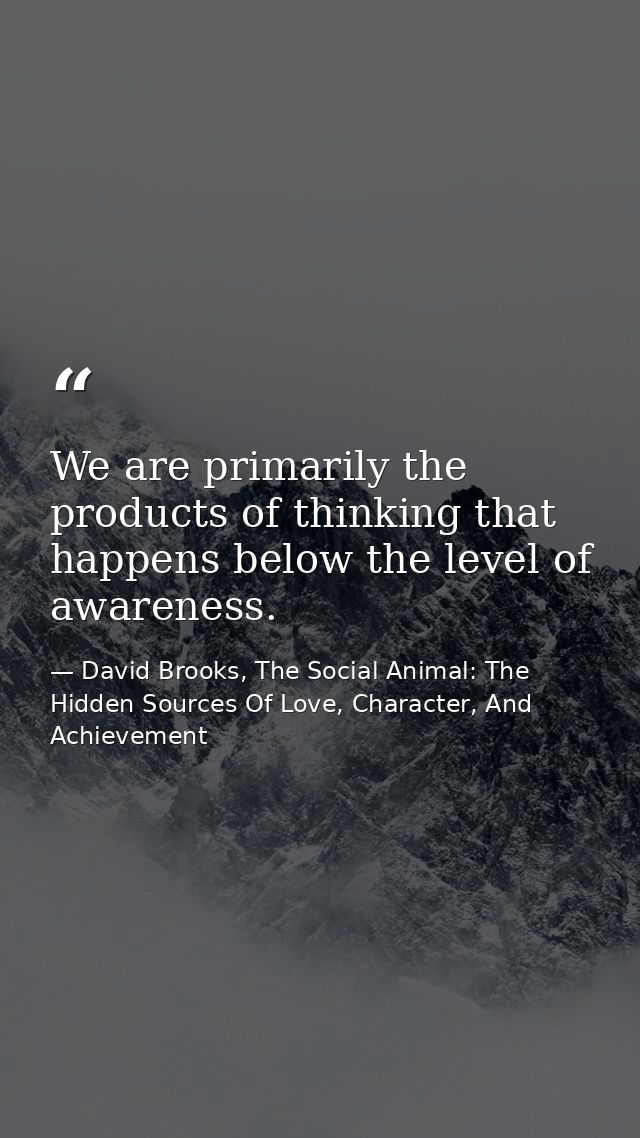We are primarily the products of thinking that happens below the level of awareness. — David Brooks, The Social Animal: The Hidden Sources Of Love, Character, And Achievement