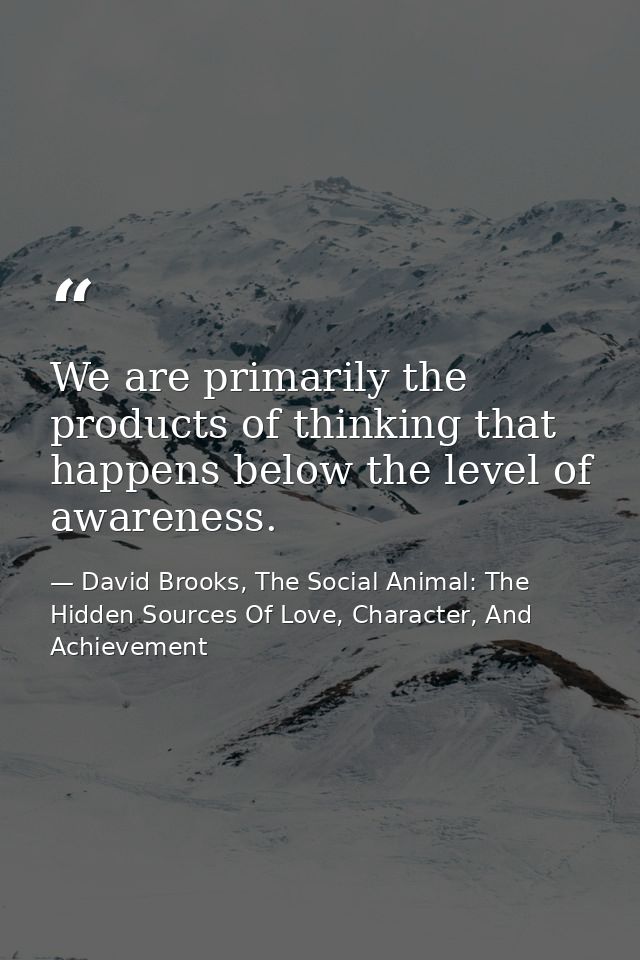 We are primarily the products of thinking that happens below the level of awareness. — David Brooks, The Social Animal: The Hidden Sources Of Love, Character, And Achievement