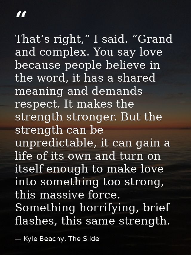 That’s right,” I said. “Grand and complex. You say love because people believe in the word, it has a shared meaning and  — Kyle Beachy, The Slide