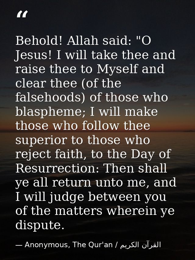 Behold! Allah said: "O Jesus! I will take thee and raise thee to Myself and clear thee (of the falsehoods) of those who  — Anonymous, The Qur'an / القرآن الكريم