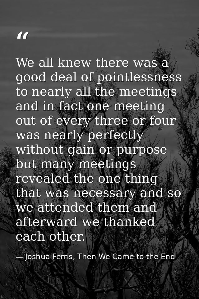 We all knew there was a good deal of pointlessness to nearly all the meetings and in fact one meeting out of every three — Joshua Ferris, Then We Came to the End