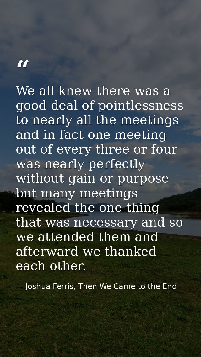 We all knew there was a good deal of pointlessness to nearly all the meetings and in fact one meeting out of every three — Joshua Ferris, Then We Came to the End