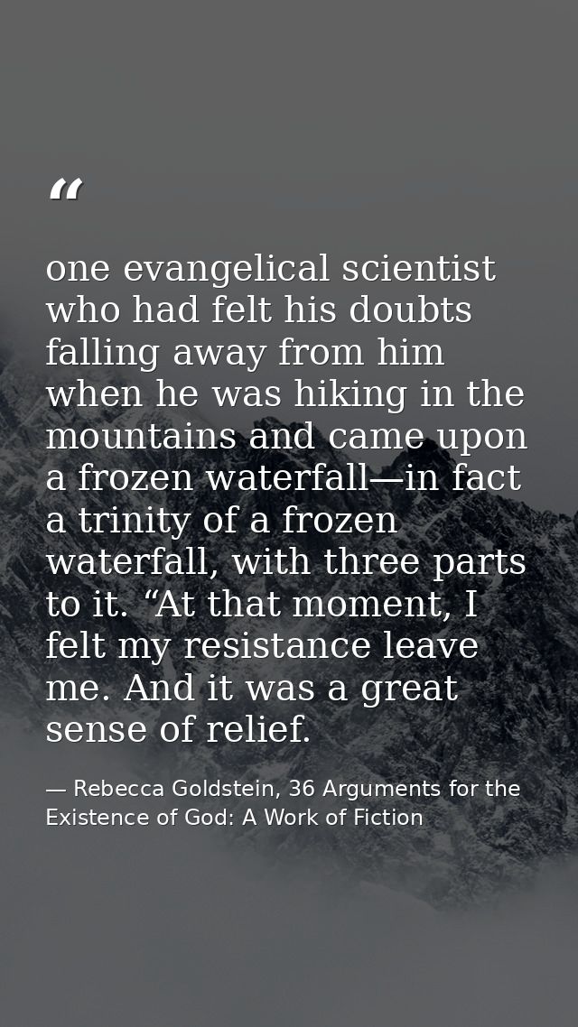 one evangelical scientist who had felt his doubts falling away from him when he was hiking in the mountains and came upo — Rebecca Goldstein, 36 Arguments for the Existence of God: A Work of Fiction
