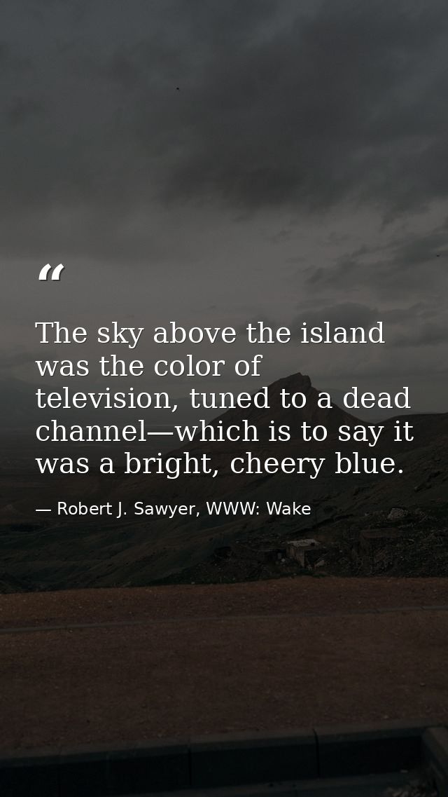 The sky above the island was the color of television, tuned to a dead channel—which is to say it was a bright, cheery bl — Robert J. Sawyer, WWW: Wake