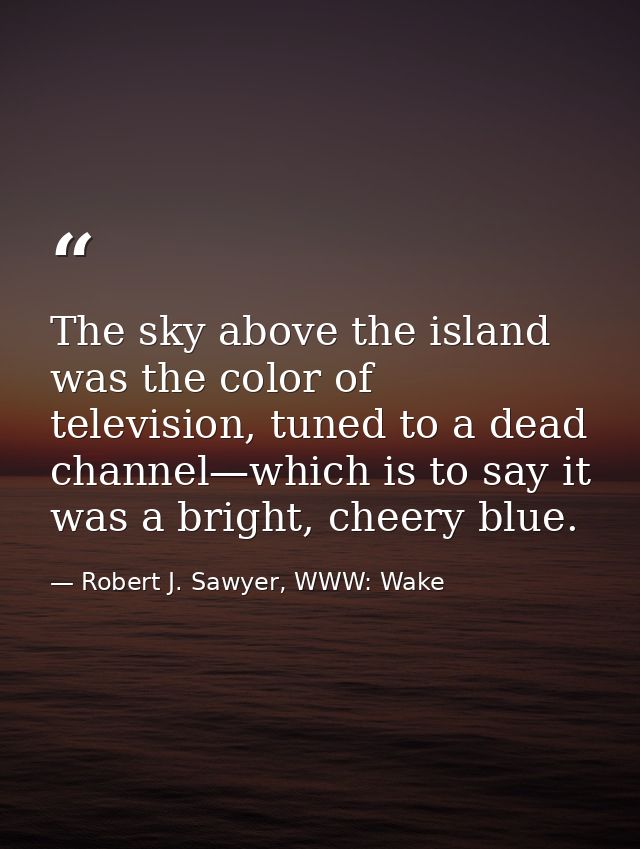 The sky above the island was the color of television, tuned to a dead channel—which is to say it was a bright, cheery bl — Robert J. Sawyer, WWW: Wake