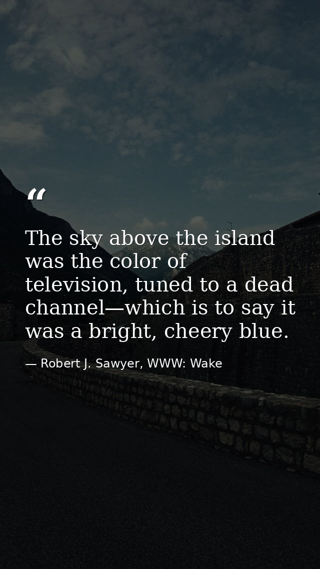 The sky above the island was the color of television, tuned to a dead channel—which is to say it was a bright, cheery bl — Robert J. Sawyer, WWW: Wake