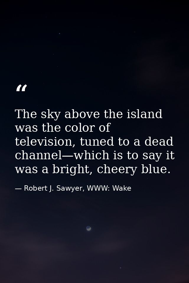 The sky above the island was the color of television, tuned to a dead channel—which is to say it was a bright, cheery bl — Robert J. Sawyer, WWW: Wake