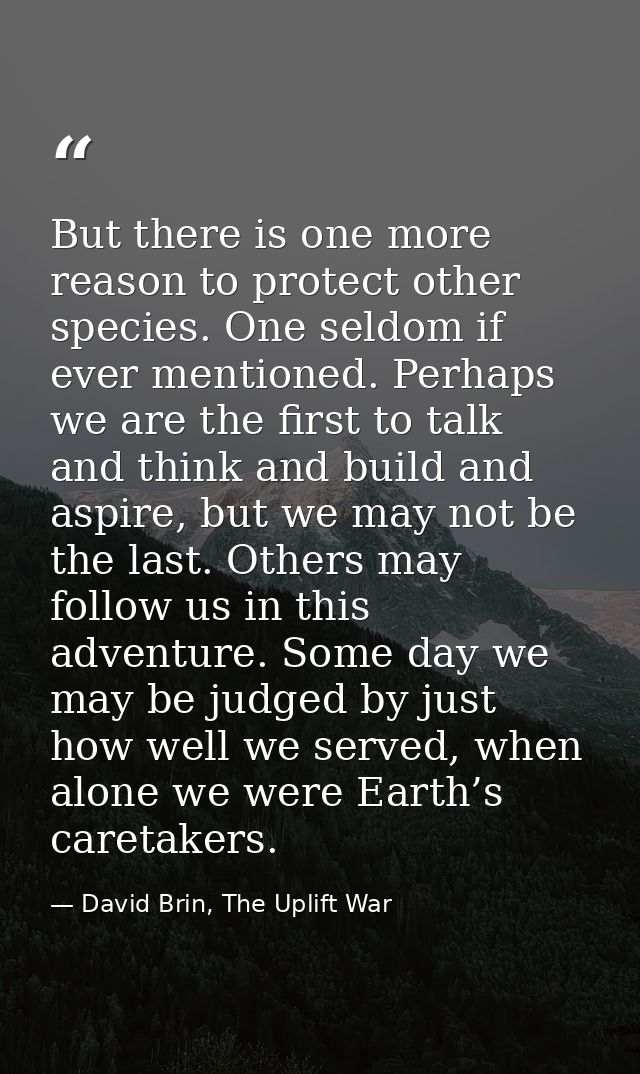 But there is one more reason to protect other species. One seldom if ever mentioned. Perhaps we are the first to talk an — David Brin, The Uplift War