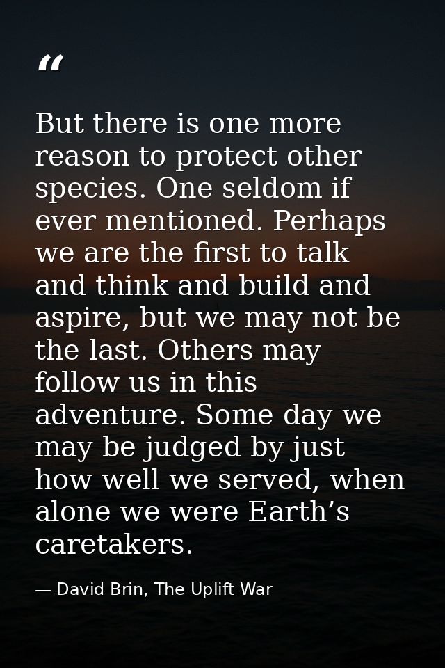 But there is one more reason to protect other species. One seldom if ever mentioned. Perhaps we are the first to talk an — David Brin, The Uplift War