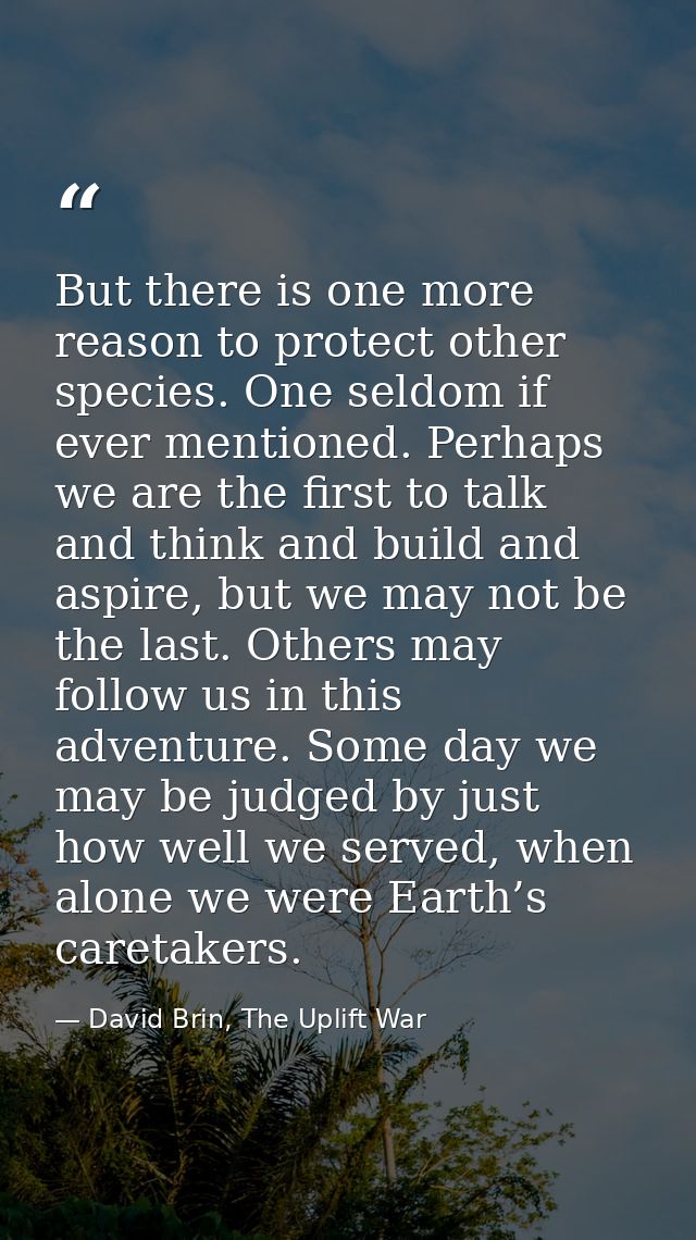 But there is one more reason to protect other species. One seldom if ever mentioned. Perhaps we are the first to talk an — David Brin, The Uplift War
