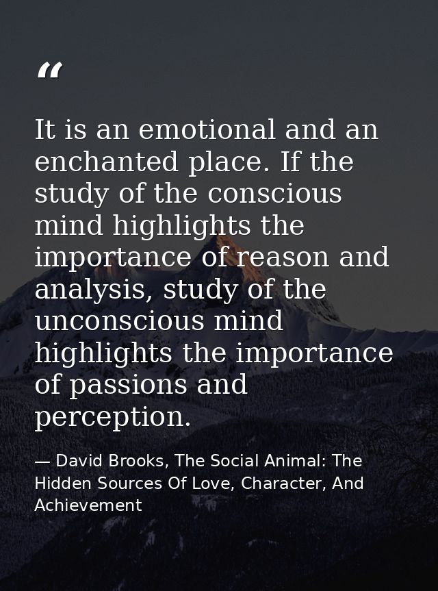 It is an emotional and an enchanted place. If the study of the conscious mind highlights the importance of reason and an — David Brooks, The Social Animal: The Hidden Sources Of Love, Character, And Achievement