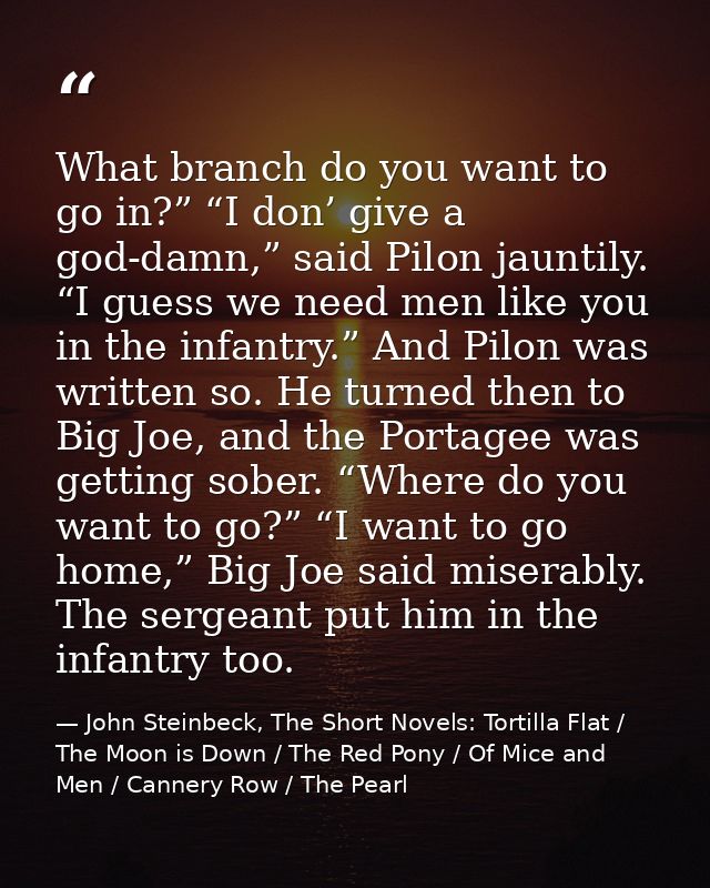 What branch do you want to go in?” “I don’ give a god-damn,” said Pilon jauntily. “I guess we need men like you in the i — John Steinbeck, The Short Novels: Tortilla Flat / The Moon is Down / The Red Pony / Of Mice and Men / Cannery Row / The Pearl