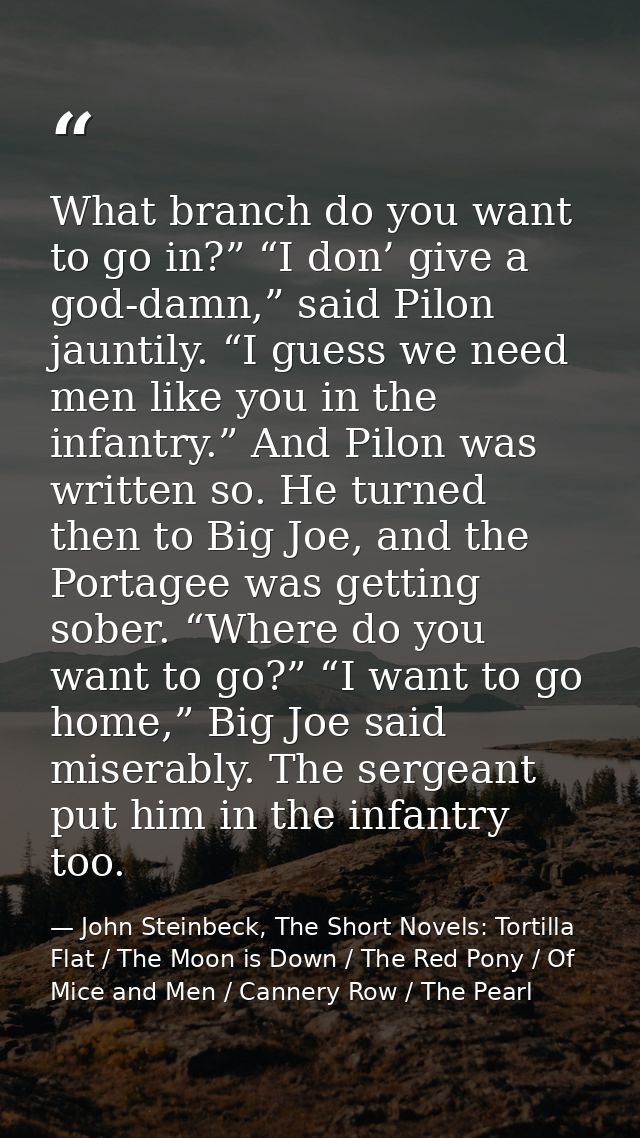 What branch do you want to go in?” “I don’ give a god-damn,” said Pilon jauntily. “I guess we need men like you in the i — John Steinbeck, The Short Novels: Tortilla Flat / The Moon is Down / The Red Pony / Of Mice and Men / Cannery Row / The Pearl
