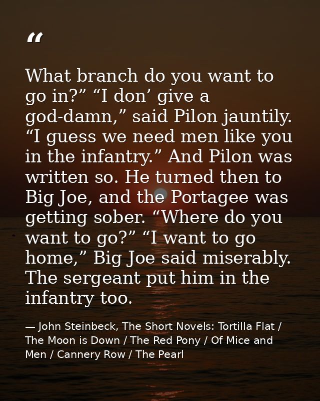 What branch do you want to go in?” “I don’ give a god-damn,” said Pilon jauntily. “I guess we need men like you in the i — John Steinbeck, The Short Novels: Tortilla Flat / The Moon is Down / The Red Pony / Of Mice and Men / Cannery Row / The Pearl
