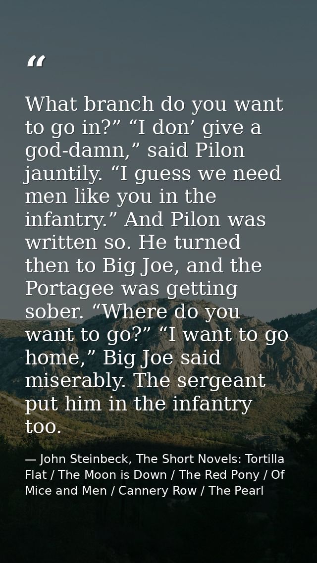 What branch do you want to go in?” “I don’ give a god-damn,” said Pilon jauntily. “I guess we need men like you in the i — John Steinbeck, The Short Novels: Tortilla Flat / The Moon is Down / The Red Pony / Of Mice and Men / Cannery Row / The Pearl