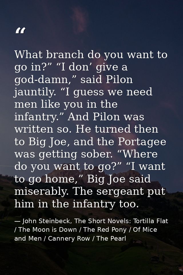 What branch do you want to go in?” “I don’ give a god-damn,” said Pilon jauntily. “I guess we need men like you in the i — John Steinbeck, The Short Novels: Tortilla Flat / The Moon is Down / The Red Pony / Of Mice and Men / Cannery Row / The Pearl
