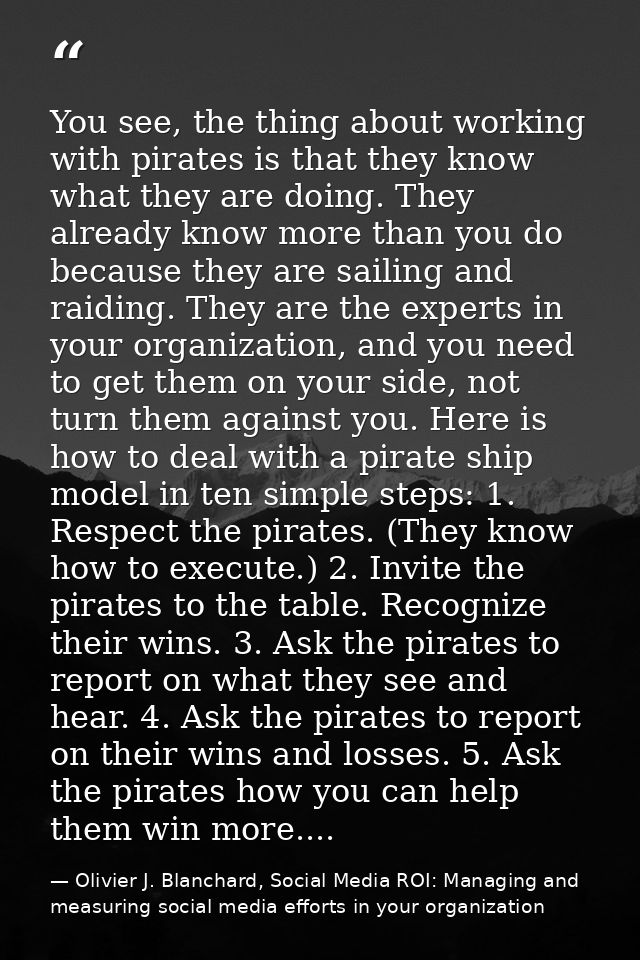 You see, the thing about working with pirates is that they know what they are doing. They already know more than you do  — Olivier J. Blanchard, Social Media ROI: Managing and measuring social media efforts in your organization