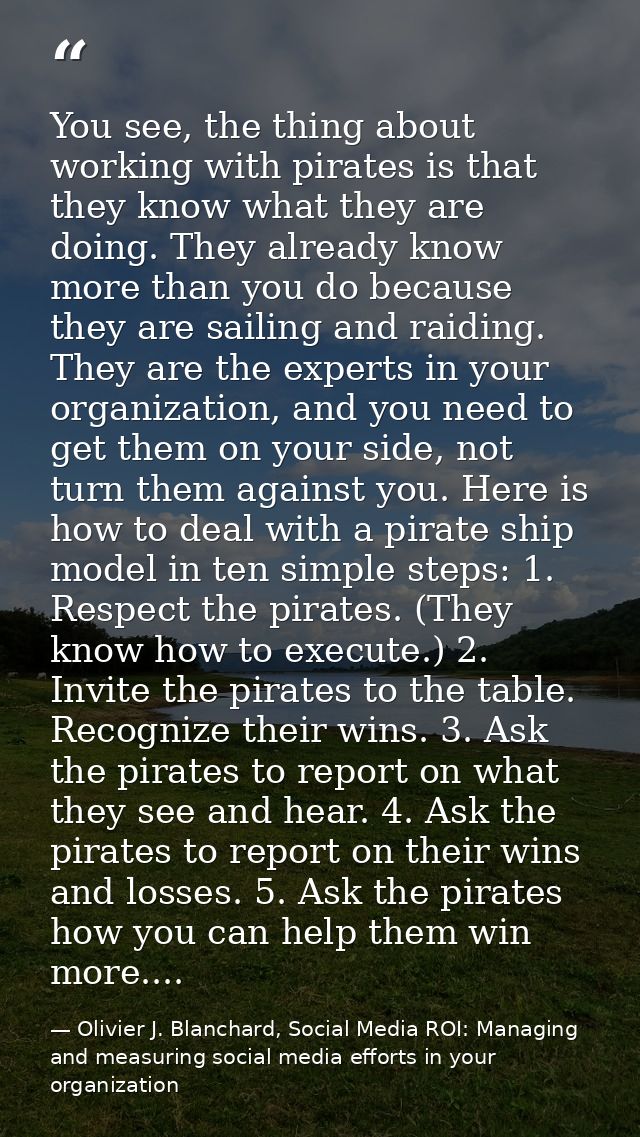 You see, the thing about working with pirates is that they know what they are doing. They already know more than you do  — Olivier J. Blanchard, Social Media ROI: Managing and measuring social media efforts in your organization