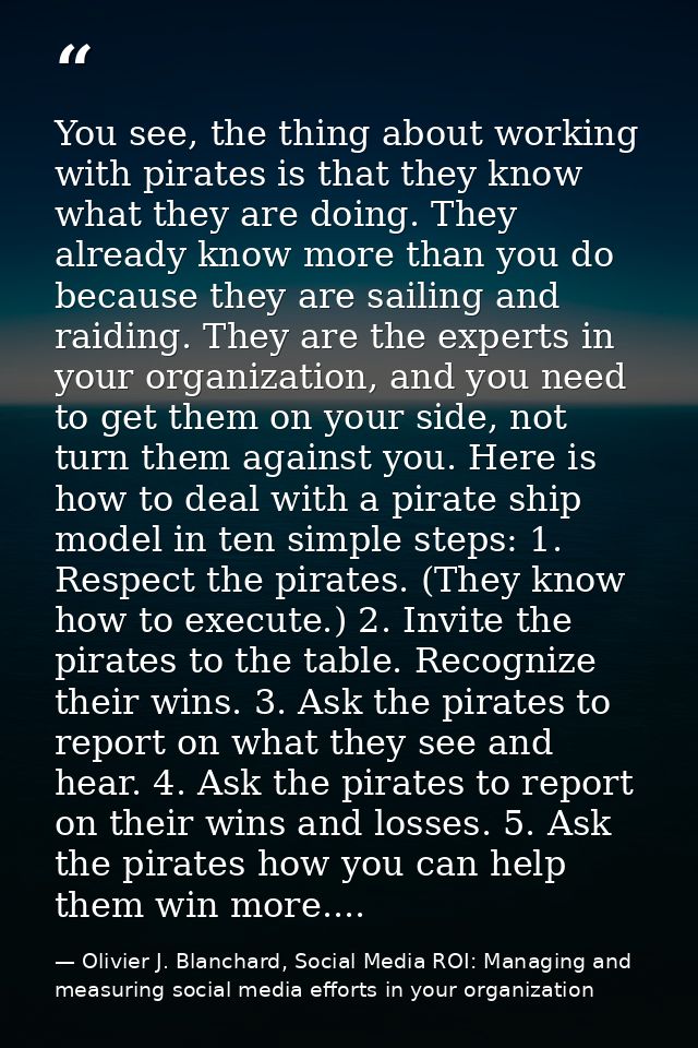 You see, the thing about working with pirates is that they know what they are doing. They already know more than you do  — Olivier J. Blanchard, Social Media ROI: Managing and measuring social media efforts in your organization