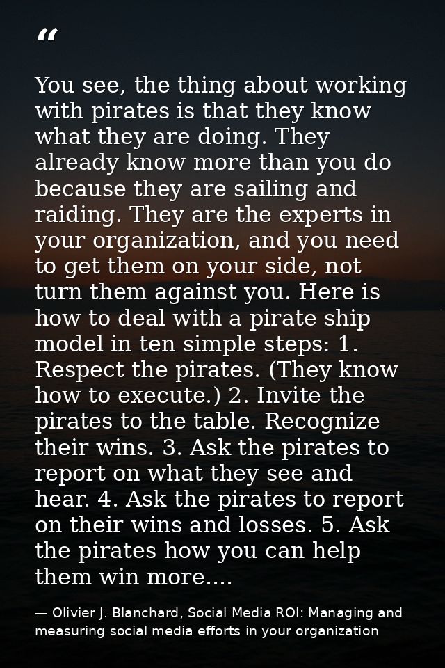 You see, the thing about working with pirates is that they know what they are doing. They already know more than you do  — Olivier J. Blanchard, Social Media ROI: Managing and measuring social media efforts in your organization