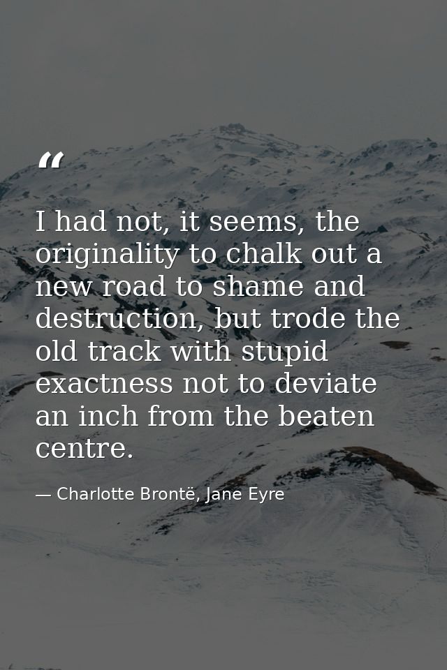 I had not, it seems, the originality to chalk out a new road to shame and destruction, but trode the old track with stup — Charlotte Brontë, Jane Eyre