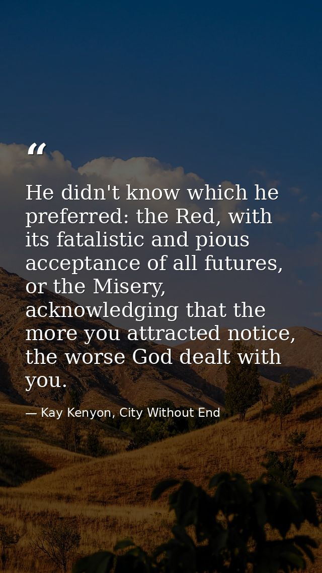 He didn't know which he preferred: the Red, with its fatalistic and pious acceptance of all futures, or the Misery, ackn — Kay Kenyon, City Without End