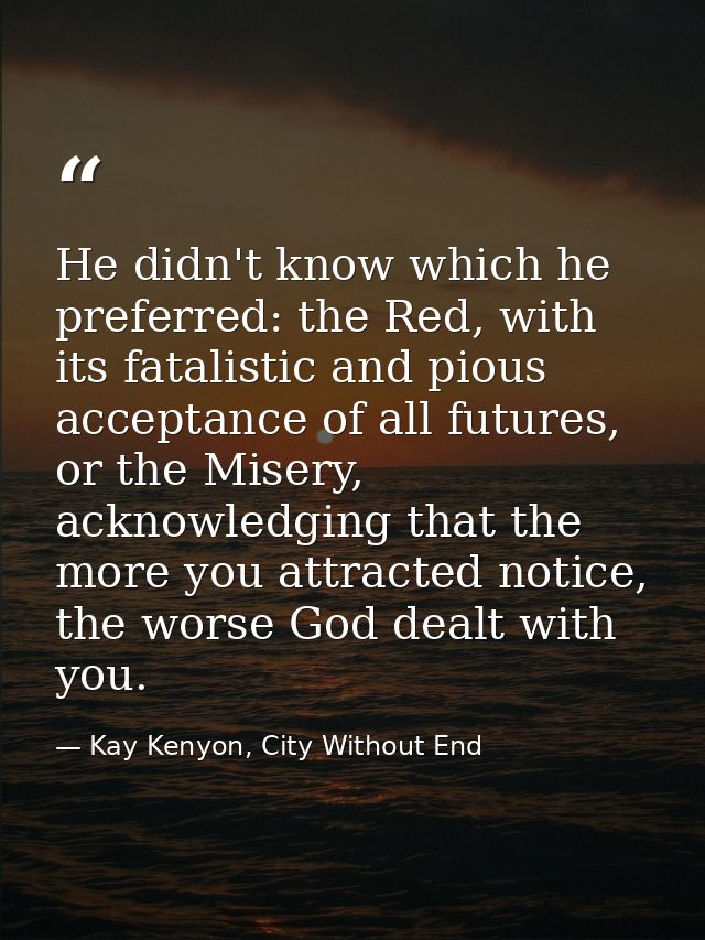 He didn't know which he preferred: the Red, with its fatalistic and pious acceptance of all futures, or the Misery, ackn — Kay Kenyon, City Without End