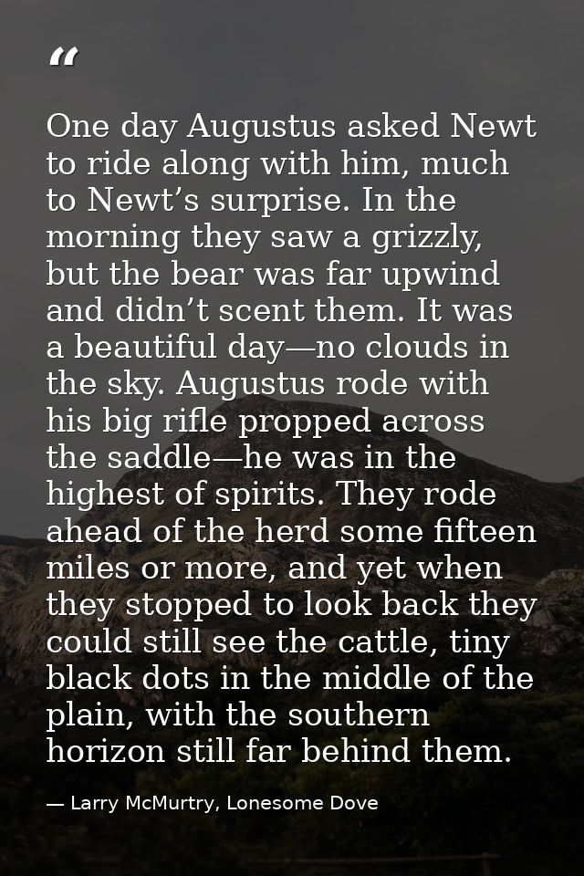 One day Augustus asked Newt to ride along with him, much to Newt’s surprise. In the morning they saw a grizzly, but the  — Larry McMurtry, Lonesome Dove