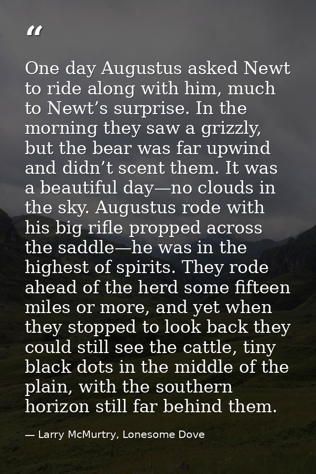 One day Augustus asked Newt to ride along with him, much to Newt’s surprise. In the morning they saw a grizzly, but the  — Larry McMurtry, Lonesome Dove