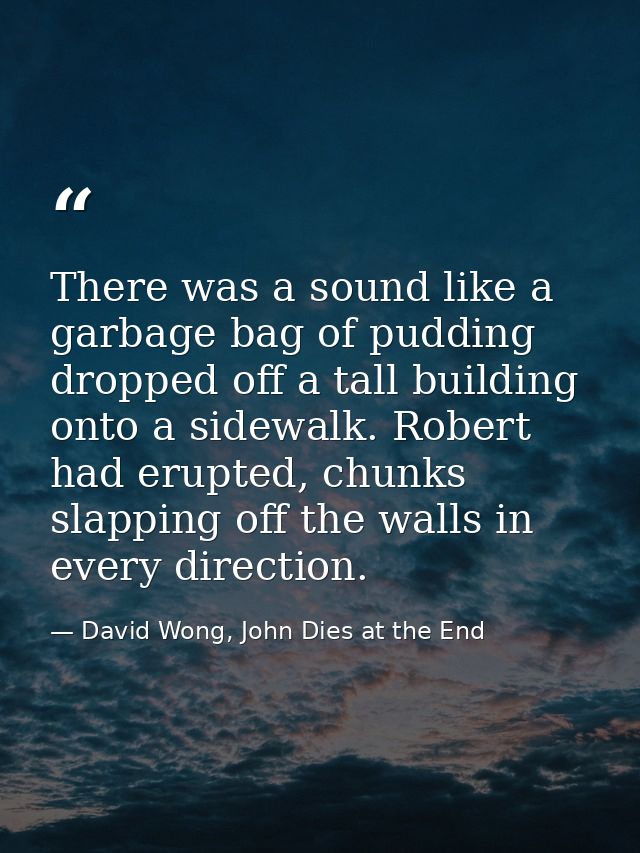 There was a sound like a garbage bag of pudding dropped off a tall building onto a sidewalk. Robert had erupted, chunks  — David Wong, John Dies at the End