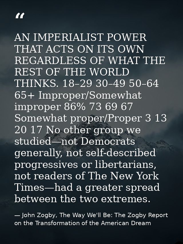 AN IMPERIALIST POWER THAT ACTS ON ITS OWN REGARDLESS OF WHAT THE REST OF THE WORLD THINKS. 18–29 30–49 50–64 65+ Imprope — John Zogby, The Way We'll Be: The Zogby Report on the Transformation of the American Dream