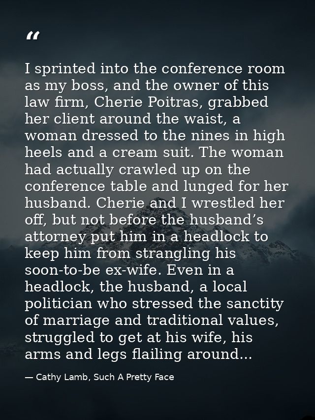 I sprinted into the conference room as my boss, and the owner of this law firm, Cherie Poitras, grabbed her client aroun — Cathy Lamb, Such A Pretty Face