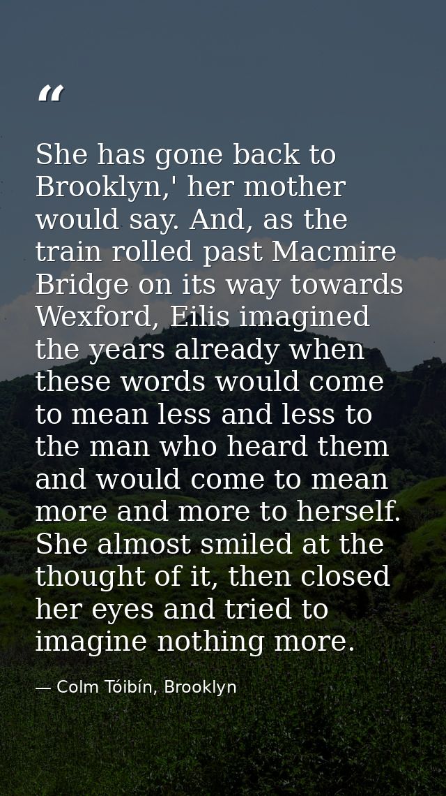 She has gone back to Brooklyn,' her mother would say. And, as the train rolled past Macmire Bridge on its way towards We — Colm Tóibín, Brooklyn