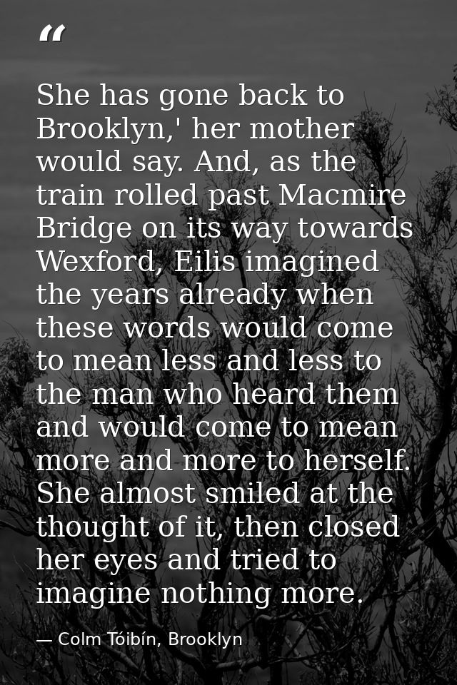 She has gone back to Brooklyn,' her mother would say. And, as the train rolled past Macmire Bridge on its way towards We — Colm Tóibín, Brooklyn