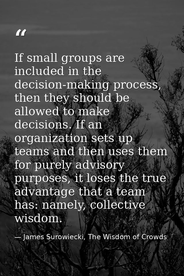 If small groups are included in the decision-making process, then they should be allowed to make decisions. If an organi — James Surowiecki, The Wisdom of Crowds