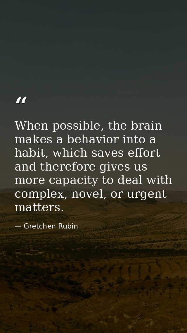 When possible, the brain makes a behavior into a habit, which saves effort and therefore gives us more capacity to deal  — Gretchen Rubin