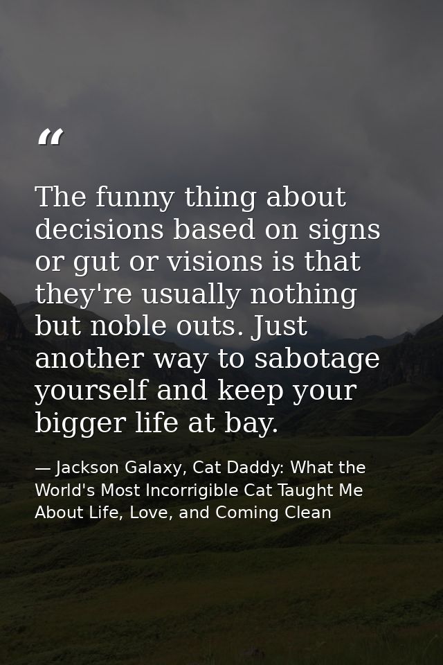 The funny thing about decisions based on signs or gut or visions is that they're usually nothing but noble outs. Just an — Jackson Galaxy, Cat Daddy: What the World's Most Incorrigible Cat Taught Me About Life, Love, and Coming Clean
