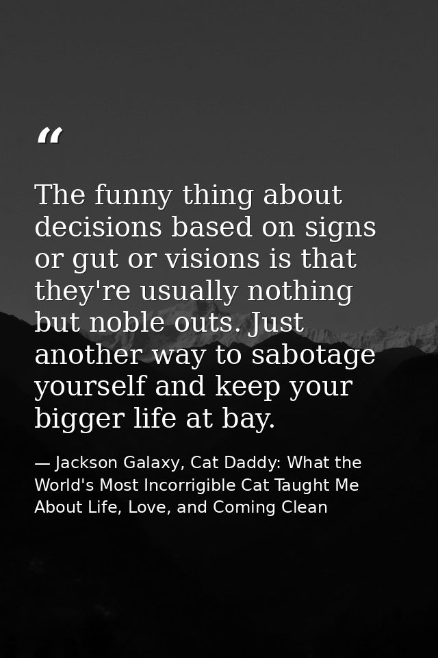 The funny thing about decisions based on signs or gut or visions is that they're usually nothing but noble outs. Just an — Jackson Galaxy, Cat Daddy: What the World's Most Incorrigible Cat Taught Me About Life, Love, and Coming Clean