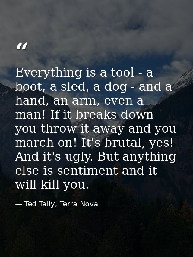 Everything is a tool - a boot, a sled, a dog - and a hand, an arm, even a man! If it breaks down you throw it away and y — Ted Tally, Terra Nova