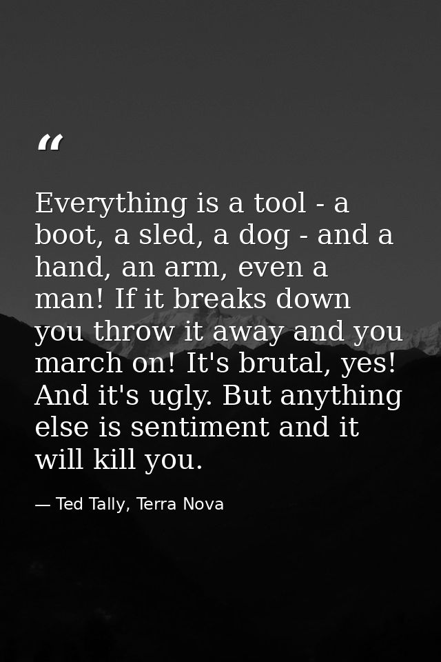 Everything is a tool - a boot, a sled, a dog - and a hand, an arm, even a man! If it breaks down you throw it away and y — Ted Tally, Terra Nova