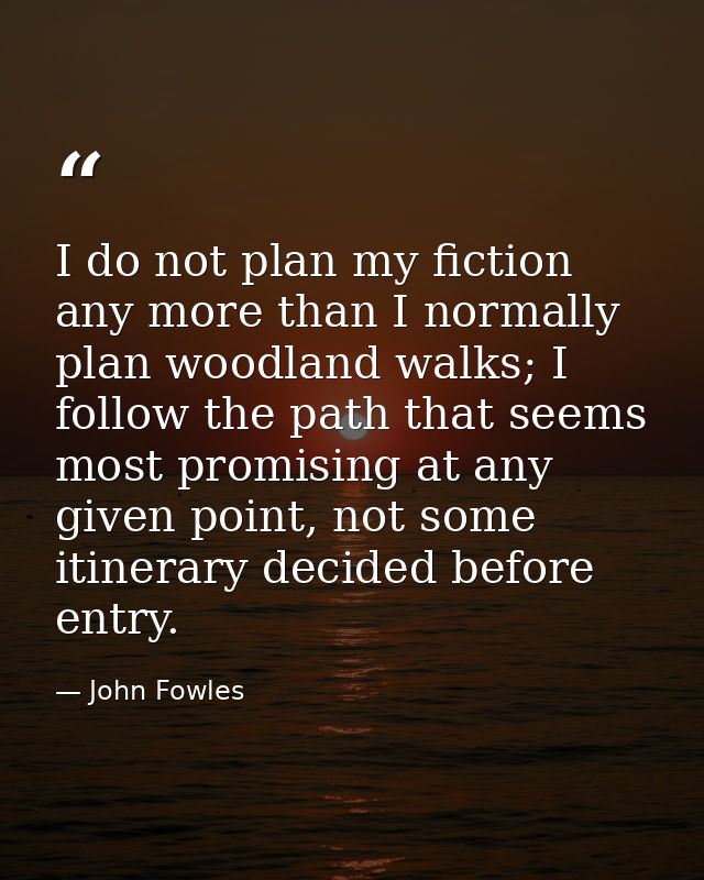 I do not plan my fiction any more than I normally plan woodland walks; I follow the path that seems most promising at an — John Fowles
